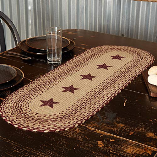 VHC Brands Burgundy Tan Primitive Jute Runner Braided Textured Stenciled Stars 13'x36'