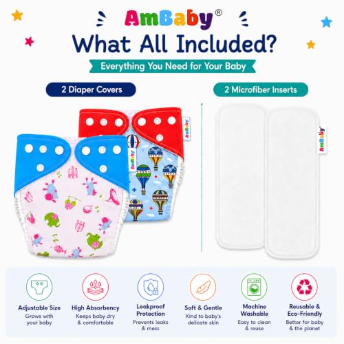 Image of Ambaby Pack of 4 Premium Pocket Cloth Diapers with 2 Diaper Covers & 2 High-Absorbency 4Layer Insert Pads. Leak-Proof, Adjustable, Breathable, Reusable & Washable. Fits Babies 3 Months-3 Years(3-18kg)