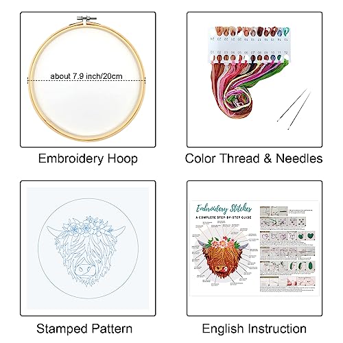 Image of Louise Maelys Highland Cow Stamped Embroidery Kit Floral DIY Craft | Complete DIY Set for Home Crafting or Gifting. Cross Stitch Kits for Adults with Highland Cow Design and Needlepoint Kit