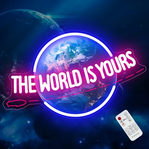 The World Is Yours Neon Sign LED Planet Neon Light Lamp for Wall Decor Remote Dimmable UV Printed Earth Light Up Signs for Boy Girls Bedroom Man Cave Home Bar Bistro Club Cafe Game Room Birthday Party Presents