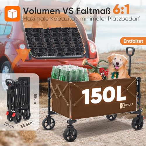 SUNULA Bollerwagen Faltbar Tragkraft 120KG, Klappbarer Handwagen mit EIN-klick-Handgriff & 4-seitig zusammenfaltbar, Geländegängig Räder mit Bremsen 150L, Schwarz