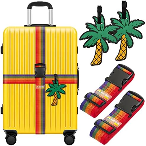 Luggage Straps for Suitcases TSA Approved with 2 Tags Set, Travel Luggage Identifiers for Suitcase 4Pack, 2 Rainbow Luggage Belts & 2 Silicone Tags