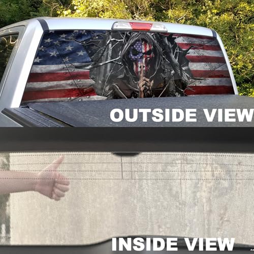 Image of American Flag & Skull Rear Window Decal for Truck, Car, SUV (65x17in) - Red, White, Blue - Vinyl - Waterproof - Outdoor Use