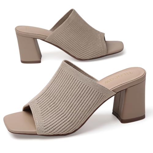 Image of Tilocow Knit Heeled Sandals for Women Square Open Toe Heeled Mules Chunky Block Low Heel Slip On Slides