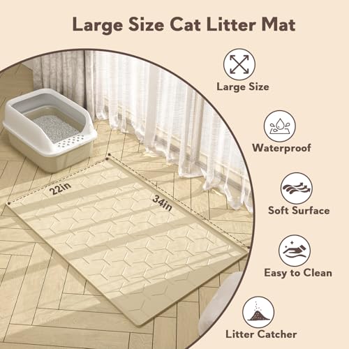 Image of Garoopion Silicone Cat Litter Mat 34x22 inch, Easy to Clean, Beige