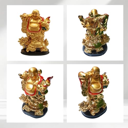 Image of Feng Shui Gold Laughing Buddha Statue on Dragon Turtle for Wealth & Prosperity - 22cm Large Hotei Buddha Figurine with Wu Lou & Money Coins - Home Decor, Office Vastu, Good Luck Gifting