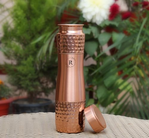 Image of Pure Copper Water Bottle - 1L Hand Made | Hammered Pattern Bottle With Leak-Proof Lid | Ayurvedic Bottle For Health Benefits | Non-Toxic Metal Made | Everyday Healthy Drinkware