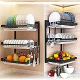 Whifea 3 Tier Wall Mounted Dish Drying Rack Stainless Steel Fruit Vegetable Utensils Storage Shelf with Drainboard Knife Holder Cutlery Holder and 3 Hooks for Kitchen Organization Matte Black