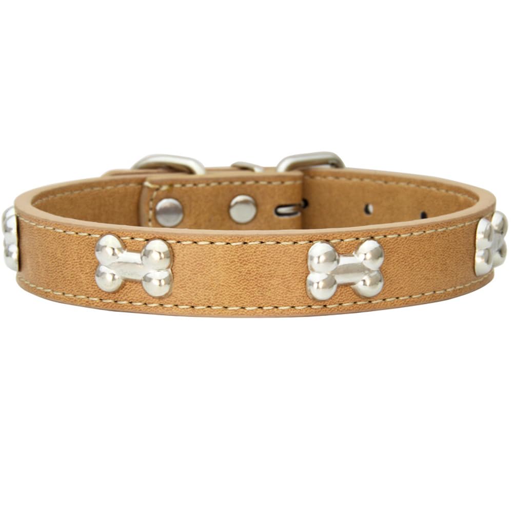 AYGCI Leather Dog Collar for Small Medium Large Dog Adjustable Soft Breathable Leather Metal Bone Studded Padded Puppy Collar Waterproof Dog Pet Collar M