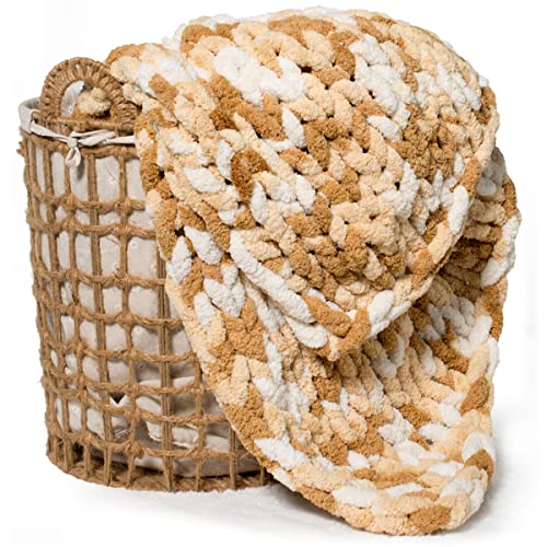 Carriediosa Chunky Knit Throw Blanket Chenille Loop Yarn Handmade Soft Fluffy Throws For Couch Sofa Bed Home Decor Breathable Cozy Heavy Thick Knitted Blanket Washable, 50" X 60" Tan Brown And White #TOP3