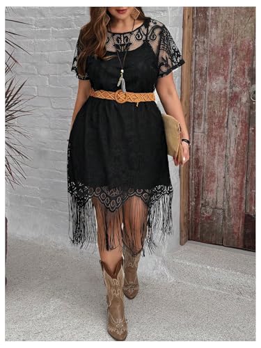 Women's Plus Size Lace Midi Dress Boho Fringe Crew Neck Short Sleeve Summer Vacation Dresses3