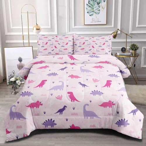 CKOU CCOO Dinosaur Comforter Set for Kids, Girls & Teens - Twin Size, Cute Pink & Purple Dino Bedding with 1 Comforter & 2 Pillowcases, Kawaii Animals Dino Bedroom Decor