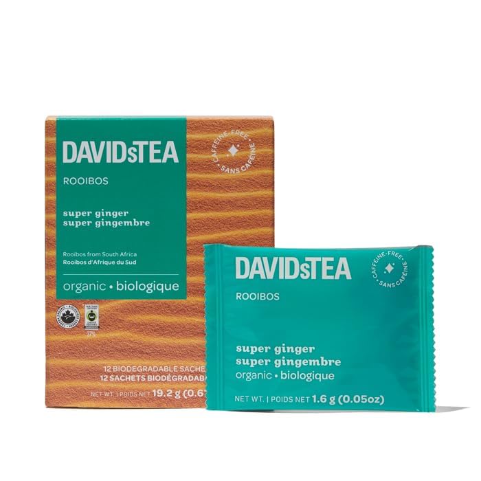 DAVIDsTEA Organic Super Ginger Herbal Tea – Caffeine-Free Tea Bags with Ginger, Green Rooibos & Pink Peppercorn – 12 Count – Spicy & Invigorating Herbal Blend