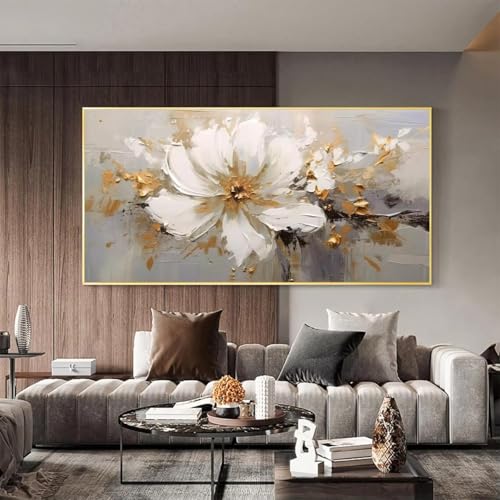 Grande image murale fleurs blanches sur toile abstraite 60x120 cm