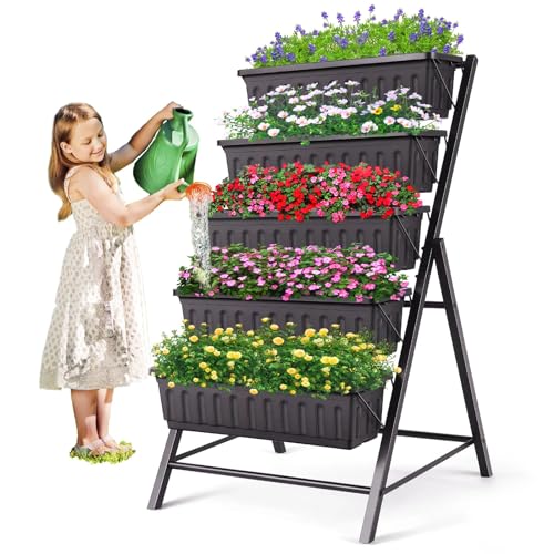 SEJOV 4FT Vertical Raised Garden Bed, 5 Tiers Elevated Planter Box for Herbs Vegetables Flowers, Graden Vertical Planter with Drainage System for Patio Balcony Garden Outdoor Indoor Plants (Black)