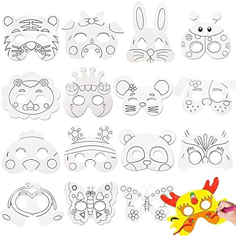 MEZHEN Animal Masks Children's Masks Blank Painting Party Masks Halloween Christmas Birthday Party Decoration Party Bags Children's Birthday Masks for Colouring Birthday Party Decoration Pack of 16 Cover