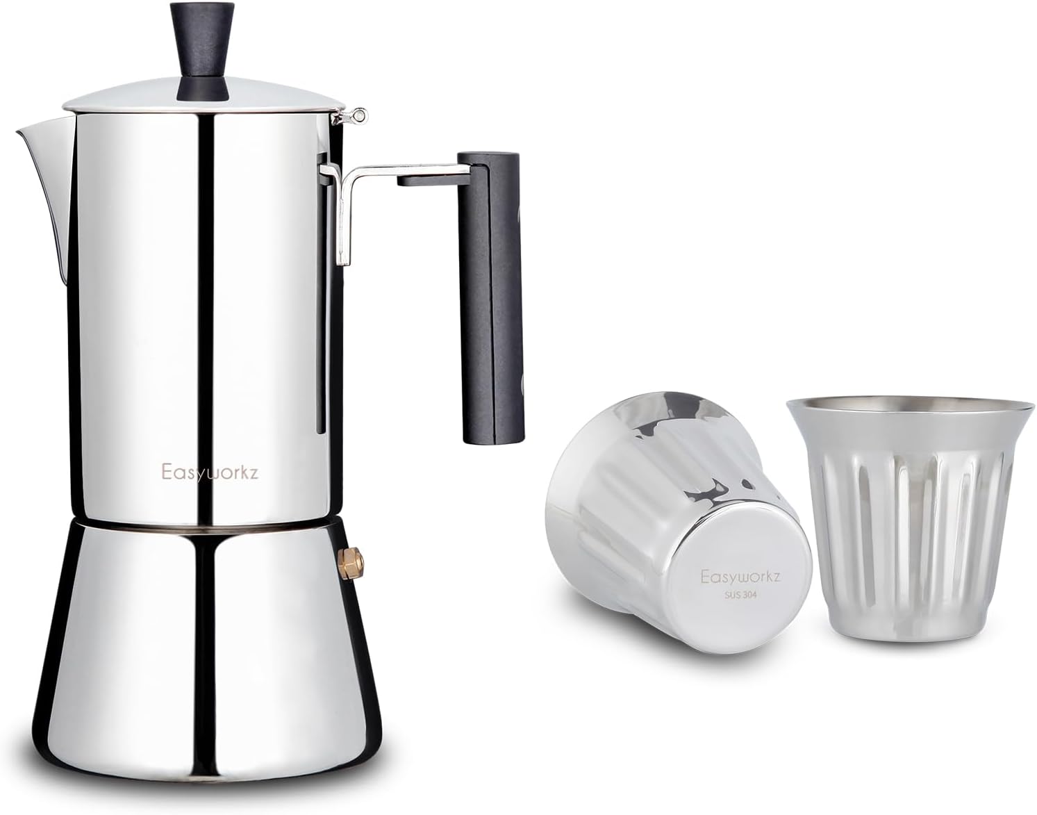 Easyworkz Pedro Stovetop Espresso Maker 6Cup 300ml, Bundled Stainless Steel Double-Wall Espresso Cups 5 oz Set of 2, Vertical Stripe Design, Chrome