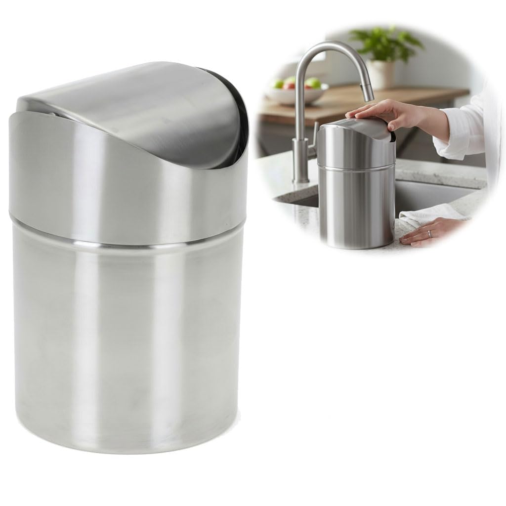 LS-LebenStil Mini Papierkorb Mülleimer – Schwingdeckel, 12x16 cm, Silber