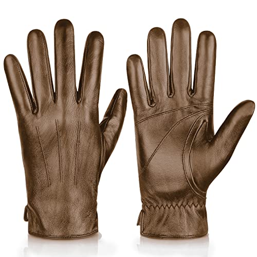 Alepo Genuine Sheepskin Leather Gloves For Men, Winter Warm Touchscreen Texting Cashmere Lined Driving Motorcycle Gloves (Khaki-XL)