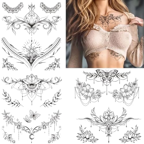 Tazimi 10 Sheets Large Black Flower Chest Underboob Temporary Tattoos for Women &Waist Back Fake Tattoos for girl Adults, Realistic Mandala Flower branch Tattoo Stickers Body Art