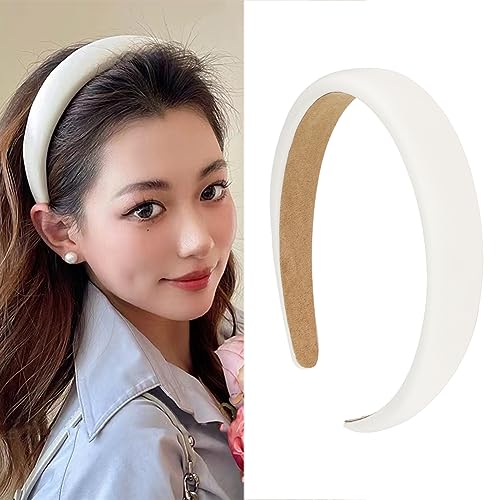 White Padded Wide Thick Solid Sponge Headbands - Simple No Slip Trendy Satin Hair Bands for Women and Girls, No Teeth Hair Accessories image 5