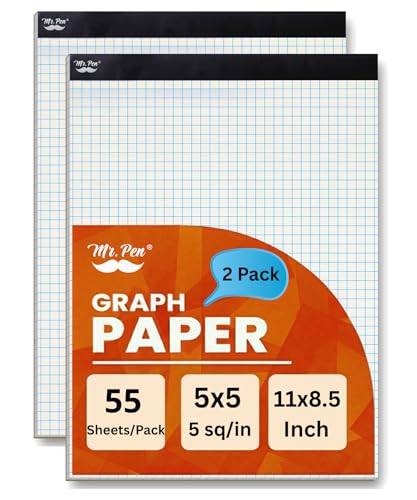 Mr. Pen- Graph Paper pads 8.5 x 11 Inches, 2 Pack, 55 Sheets/Pack, 5x5 (5 Squares Per Inch), Blueprint Grid Paper Pads 8.5 x 11, Math Notebook
