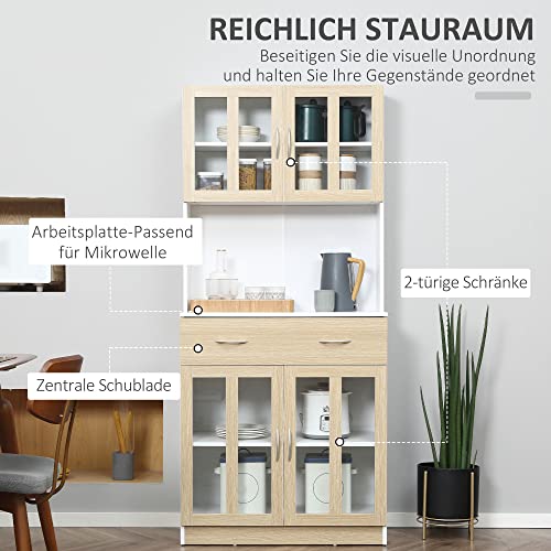 HOMCOM-Kuechenschrank-180-cm-Kuechenbuffet-Hochschrank-mit-Glastueren-Geschirrschrank-Esszimmerschrank-mit-Schubladen-Schrank-elegant-WeissNatur-80-x-40-x-180-cm