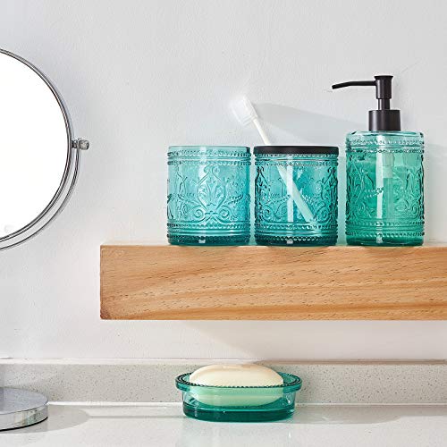4PCs Teal Blue Glass Bathroom Accessories Set with Decorative Pressed