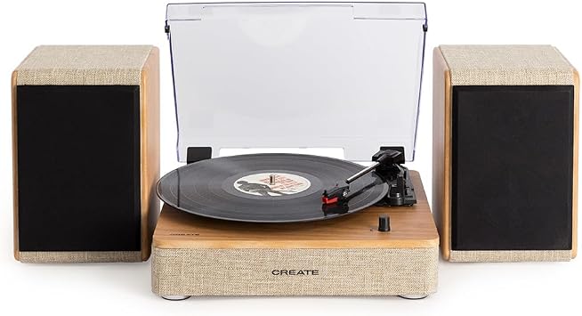 CREATE/Record Player Pro/Tocadiscos Madera Natural con 2 Altavoces externos / 3 velocidades de reproducción, Bluetooth 5.3, Salida RCA, Sistema Hi-Fi, Todo Tipo de vinilos