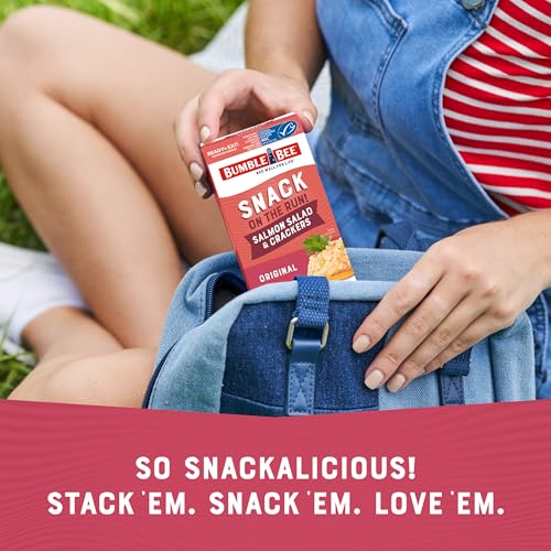 Image of Bumble Bee Snack On The Run! Salmon Salad Kit (Pack of 12) | Ready to Eat Easy-Open Canned Salmon Salad with Crackers Snack Pack, 8g Protein per Box, Wild Caught MSC Certified Seafood