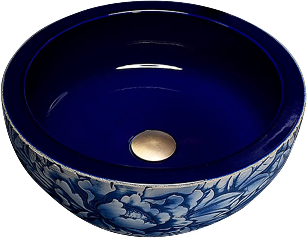 WOTZOV Ceramic Bathroom Sink Creative Ceramic Bathroom Vessel Sink, Carved Pattern Countertop Basin Sink Round 41 * 41 * 16Cm, Balcony Cloakroom Washbasin For Home Hotels Restau,SingleBasin