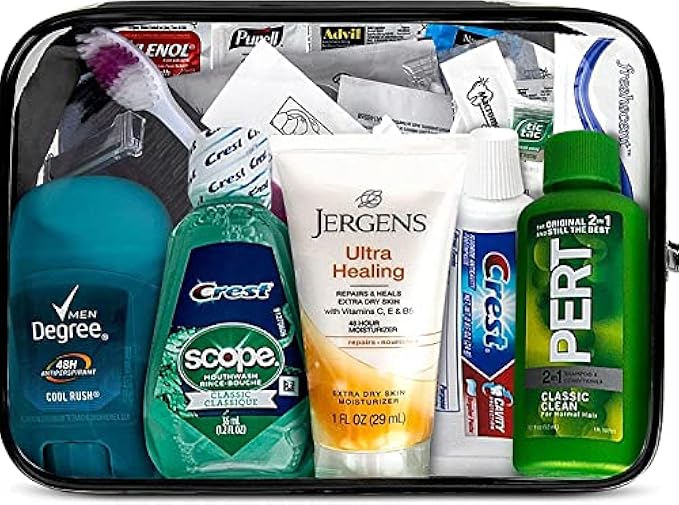 Asom Toiletry Travel Convenience Kit, Premium Personal Care Hygiene Essentials Bathroom Toiletries Accessory Set, Tsa Approved Clear Toiletry Traveling Size Bag Guest Accessories Kits, 20 Piece.