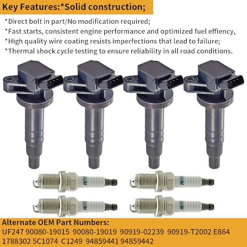 Image of Set of 4 UF247 Ignition Coil Pack & 4503 Iridium Spark Plug Compatible with 2000-2008 Toyota Corolla Chevrolet Prizm Pontiac Vibe Celica MR2 Matrix C1249 9091902239 5C1074 1.8 L4