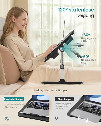 SONGMICS Laptoptisch, Betttisch, Laptopständer, 56 x 40 cm große Tischplatte, 120° stufenlos verstellbar, höhenverstellbar, mit Getränkehalter, Schublade, tragbar, tintenschwarz LLD113BC01