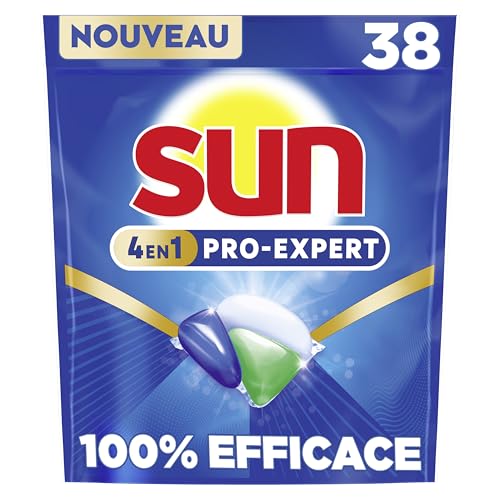 Sun - Pro Expert - Pastilles Lave Vaisselle - Action 4 en 1 - Regular - Elimine 100% des taches brûlées de +72h - dégraissent en Profondeur - 38 Capsules
