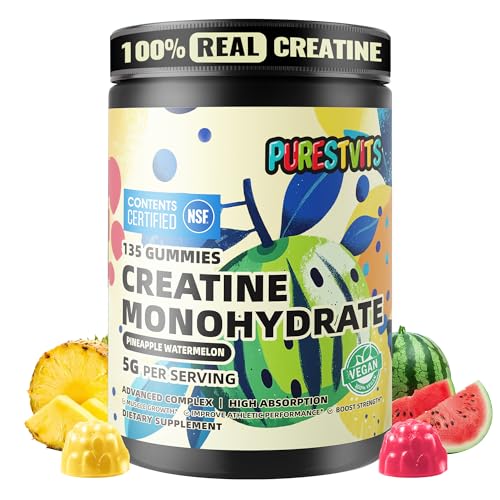 PURESTVITS NSF Certified Creatine Gummy 5g - Creatine Monohydrate Gummies – Pre-Workout Energy & Muscle Growth Support for Men & Women | Pineapple Watermelon Electrolyte Gummies (135 Count)