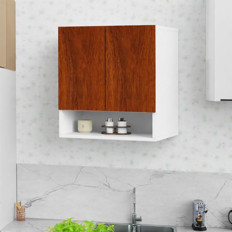 Image of 2 Door Multipurpose Wall Mounted Cabinet with Adjustable & Fixed Shelf | Storage for Kitchen, Bathroom, Office & Living Room | Assembly-DIY | Color-White & Cherry Pine | Size-60x33x63.8 Cm