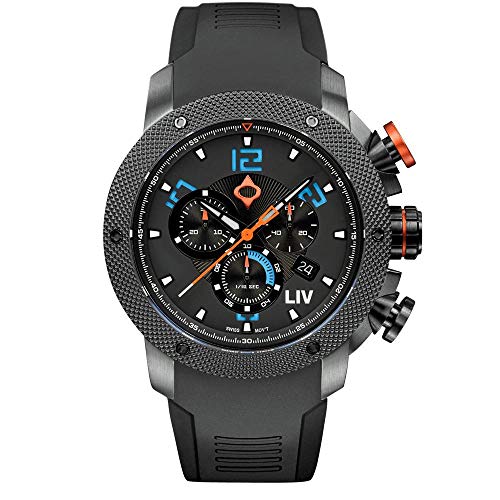 LIV GX1 Swiss Made Chronograph 45mm 316L SS Case, 3D Multi-Layer w/Quickset Date - Rugged Classic Watch- Scratch Resistant Sapphire Crystal - 660 Feet Water Resistant - BGW9 Swiss Luminova