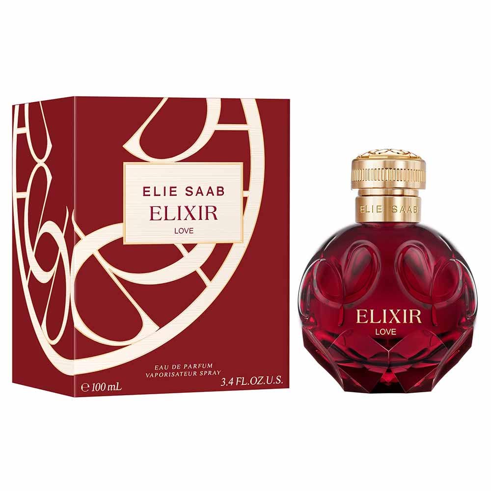 Elie Saab Elixir Love 100 ml – Eau de Parfum 100 – damskie perfumy – owocowo-kwiatowy zapach szyprowy – nuty kwiatowe i owocowe – czerwony, szklany flakon w kształcie klejnotu