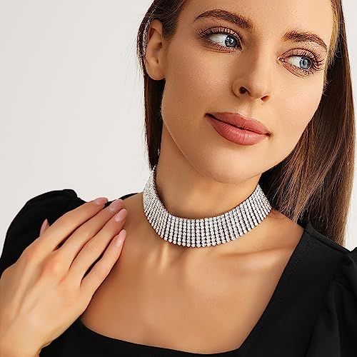 Zealmer Rhinestone Choker Necklaces Silver Sparkling Diamond Choker Crystal Rhinestone Glitter Necklace Gold Plated Jewelry Gifts for Women Bridal Wedding Bridesmaid3