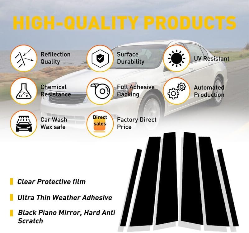Miniatura 7 de Juego de 6 piezas de cubierta de poste de pilar de color negro brillante compatible con Accord EX-L HFP SE Sedan 2008-2012