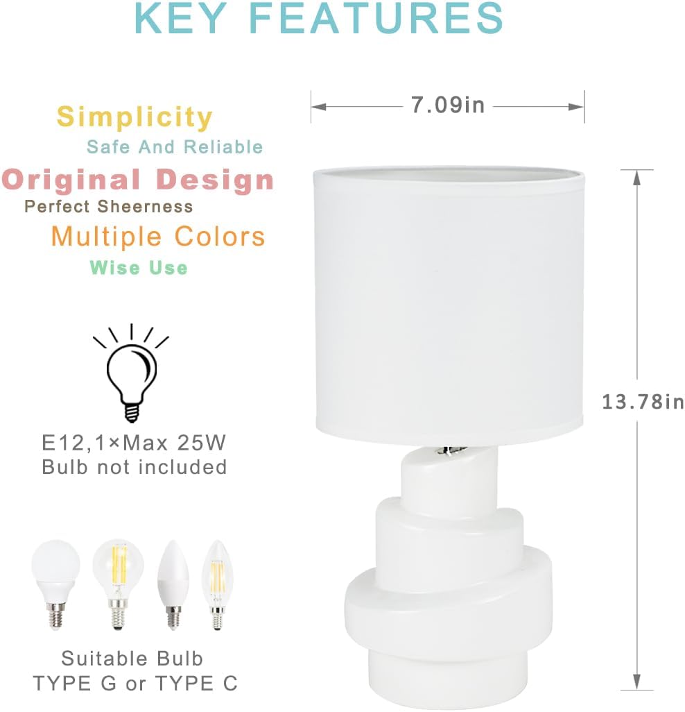 Lampwell Circo Off White Small Table Lamp for Living Room as Bedside Table Lamp for Bedroom,Modern Ceramic Kids Night Table Lamp,Φ7.09×H13.78IN,Bulb Excluded