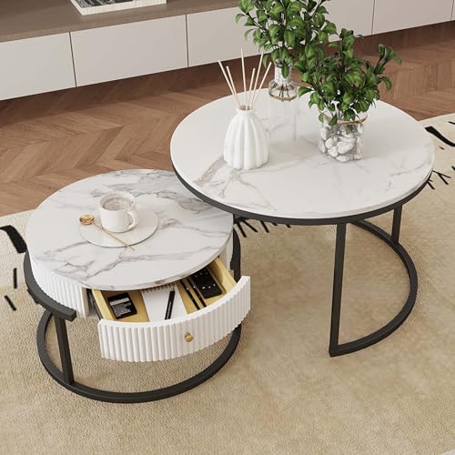 Amveya Table Basse Gigogne Ronde Blanche Marbre avec Tiroir, Table Basse Salon Ronde avec Rangement Moderne avec Cadre Noir