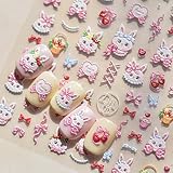5D Embossed Pink Rabbit Nail Art Stickers Self Adhesive Easter Nail Decals Butterfly Heart Ice Cream Nail Design Stickers White Rabbit Nail Stickers Cute Nail Art Supplies for Women Acrylic Manicure