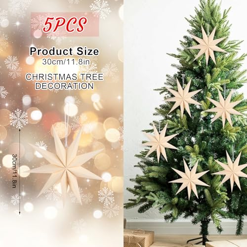 Image of 12 Inches 5 PCS Beige Paper Star Lanterns Christmas Party Decorations Hanging Stars Christmas Party Decorations Wedding Birthday Christmas Home Party Decorations(9 Pointed)