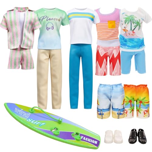 10 Pcs Boy Doll Clothes and Accessories for 12 Inch Boy Dolls, Summer Surfing Outfits with Surfboard, 5 Sets Fashion Casual Wear, 2 Beach Shorts and 2 Shoes, Birthday Gift for Kids