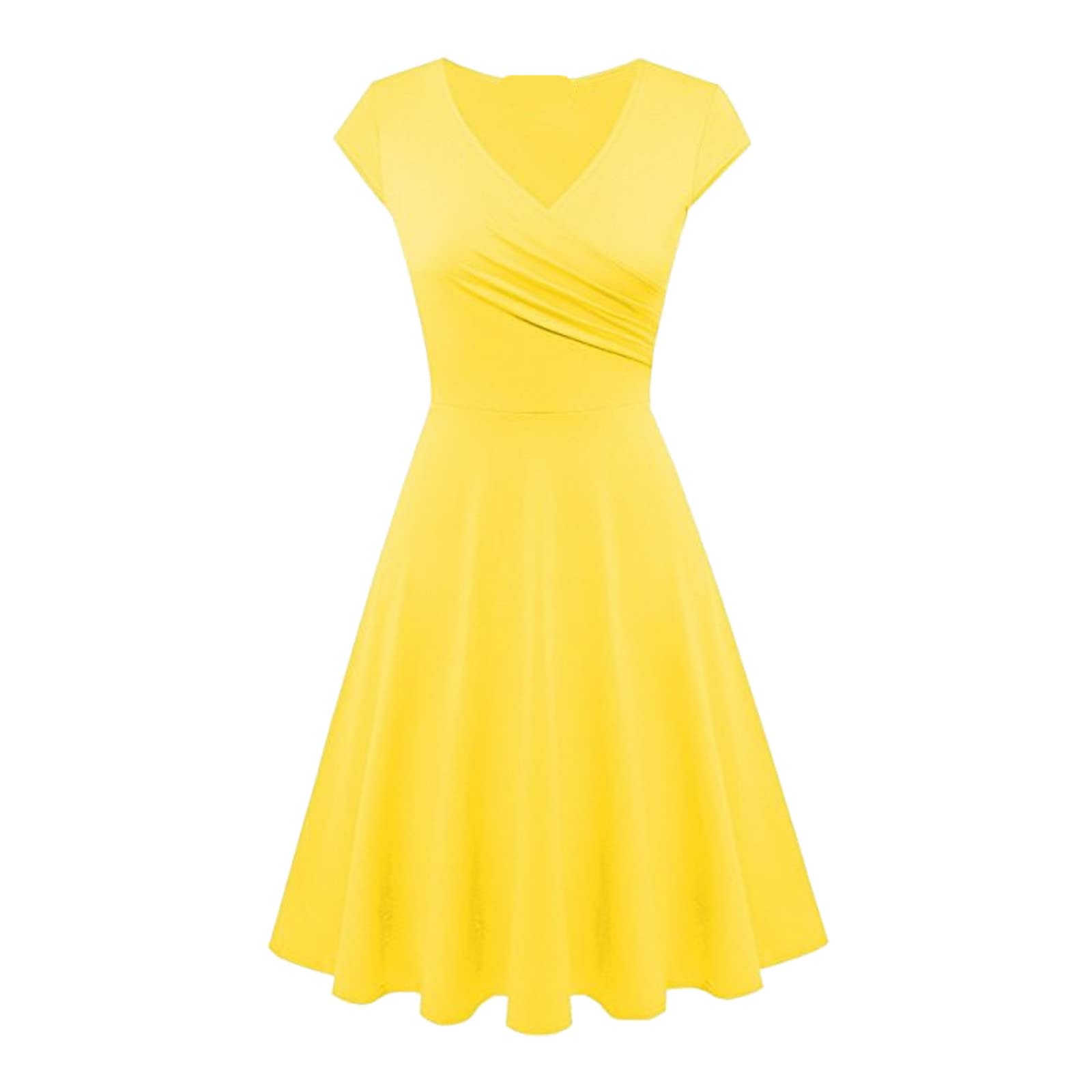 Women's Summer 1950s Vintage Dress Cocktail Swing A-Line Flared Midi Dress Wrap V Neck Cap Sleeve Slim Ruched Dresses