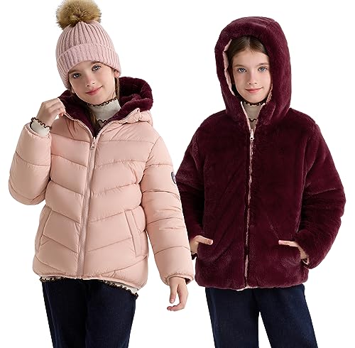 Image of maoo garden Girls Winter Reversible Puffer Jacket Kids Heavyweight Faux-Down Fuzzy Fleece Lined Water-Resistant Coat