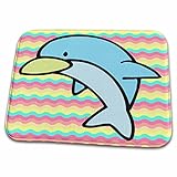 Dish Drying Mat - Cute Little Baby Blue Dolphin Animal Cartoon Design Wavy Stripes Background Random Animals