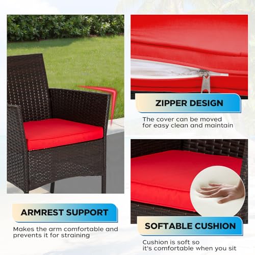 Image of FDW 3-Piece Patio Furniture Set | Brown & Red | Outdoor Wicker Furniture